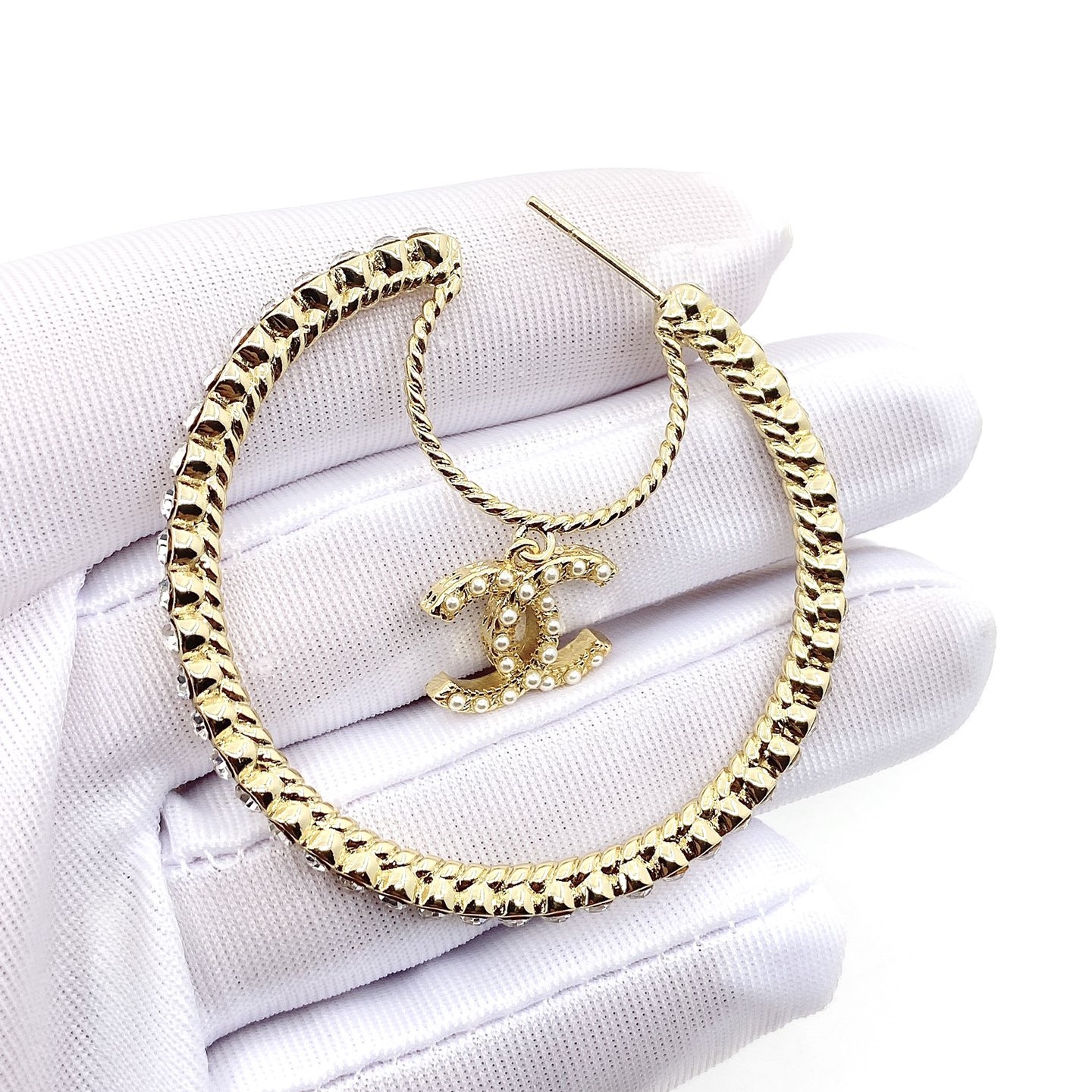 CCE480 Chanel Crystal and pearl hoop earrings - ccjewelryacc