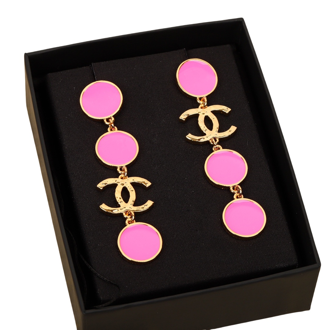 CCE493 Chanel 24C Metal Black/Pink enamel round tassels drop earrings - ccjewelryacc