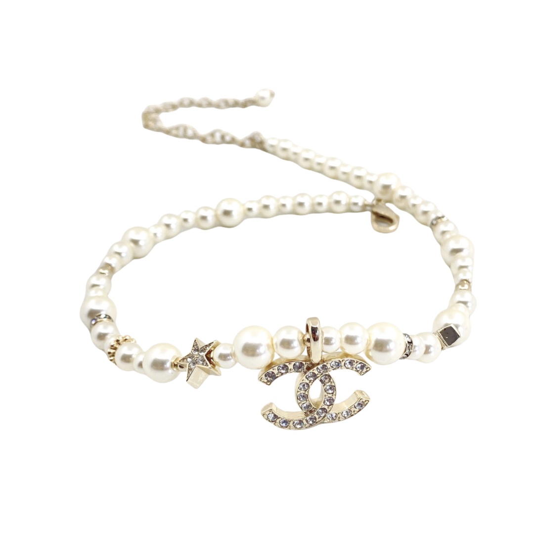 CCN028 Chanel pearl chain with crystal star and CC logo choker Necklace - ccjewelryacc