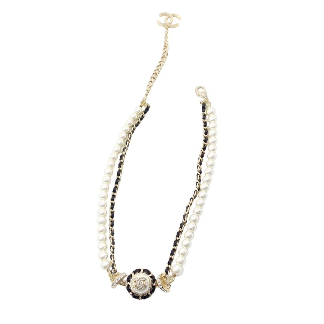 CCN018 Chanel pearl and metal leather chain choker necklace - ccjewelryacc