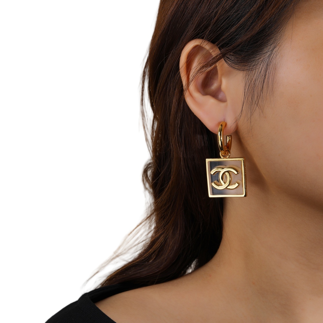 CCE344 Gold plated square acrylic cc logo pendant earrings. - ccjewelryacc