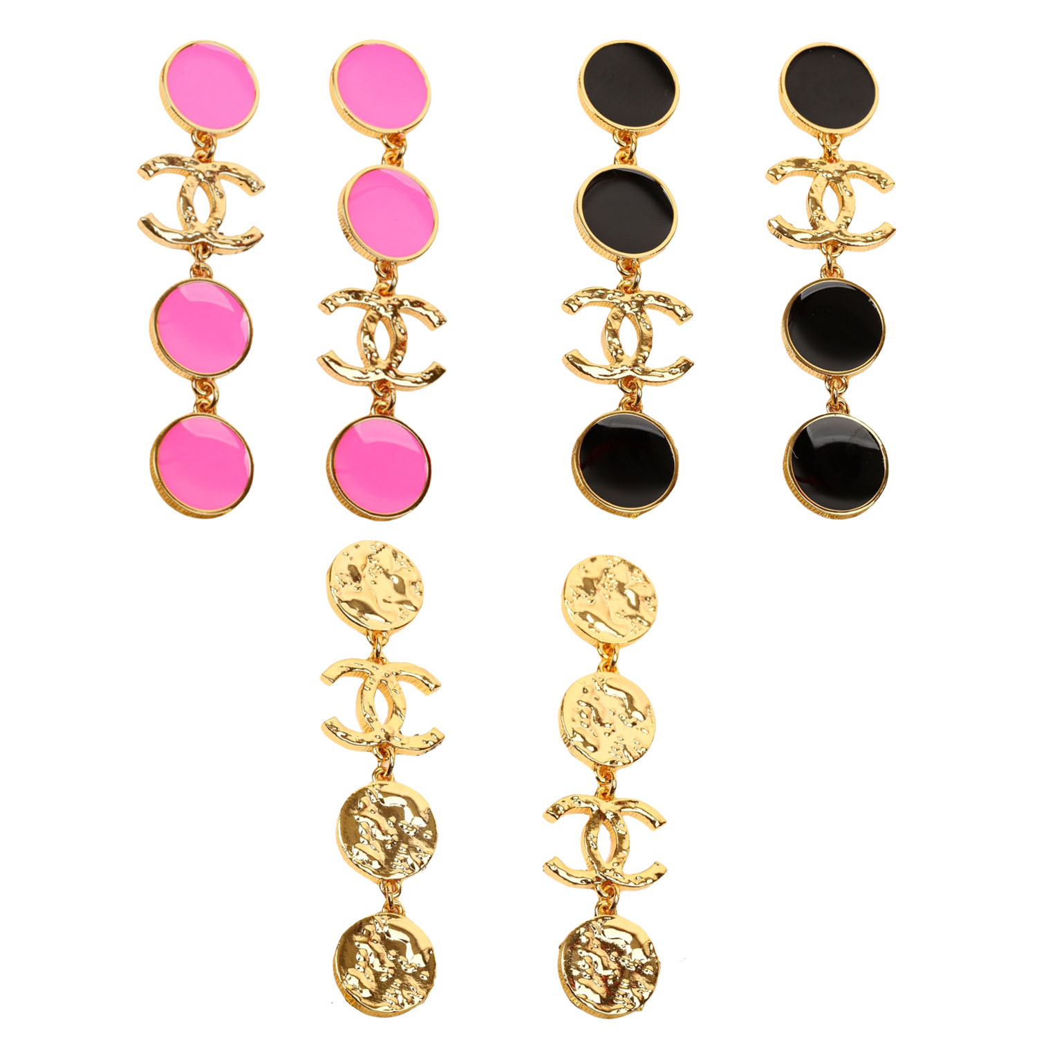 CCE493 Chanel 24C Metal Black/Pink enamel round tassels drop earrings - ccfashionjewelry