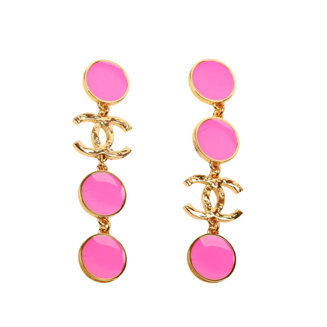 CCE493 Chanel 24C Metal Black/Pink enamel round tassels drop earrings - ccfashionjewelry