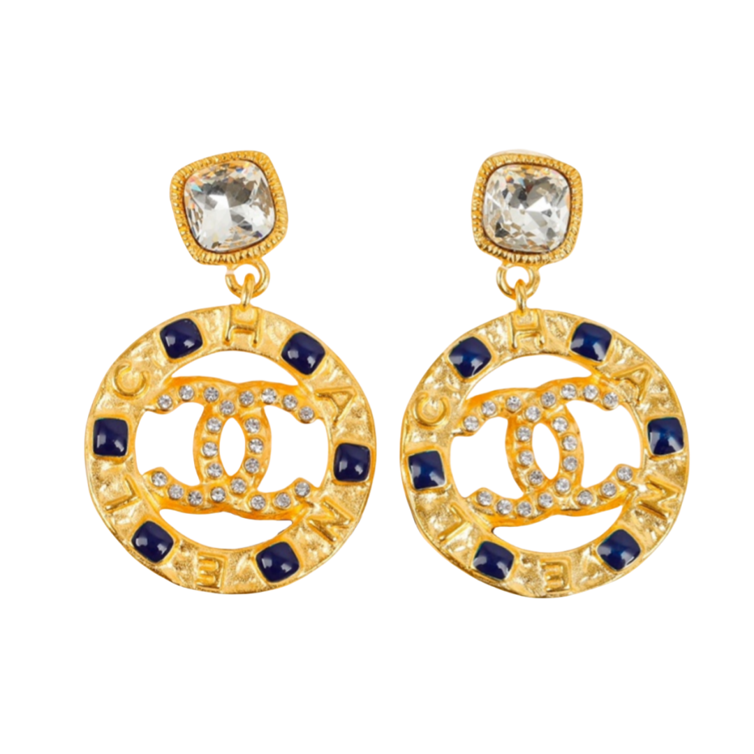 CCE223 Chanel blue enamel and crystal round stud drop earring - ccfashionjewelry