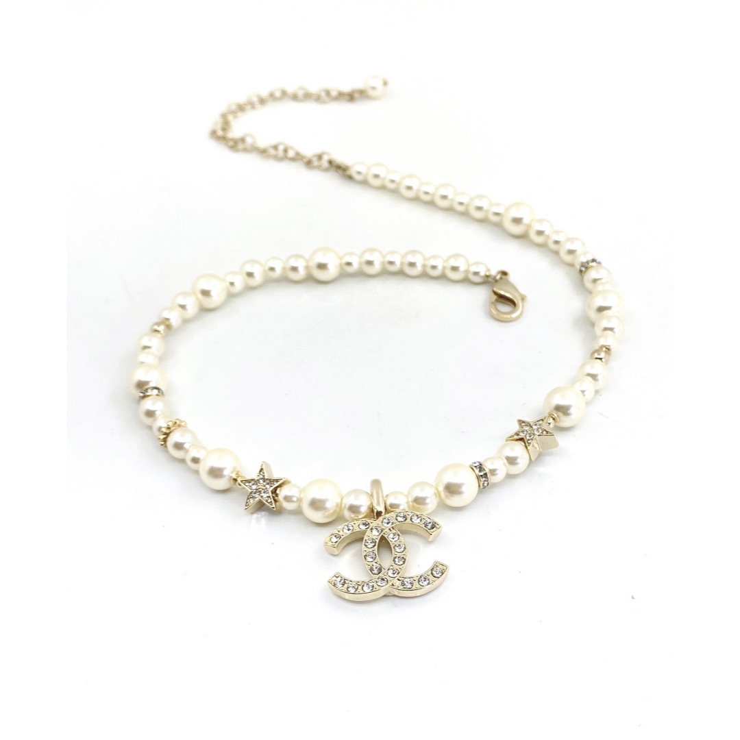 CCN028 Chanel pearl chain with crystal star and CC logo choker Necklace - ccjewelryacc