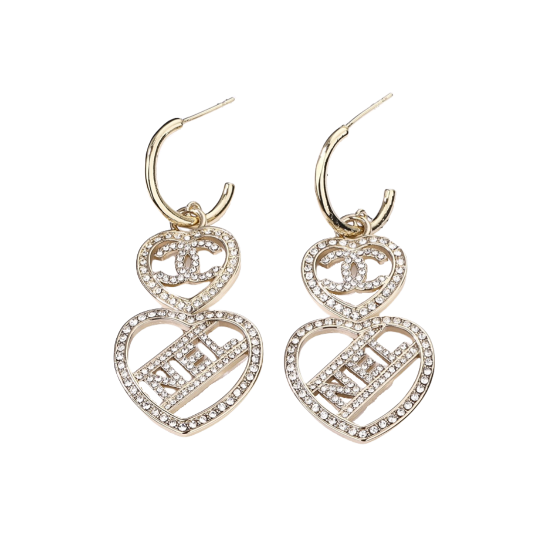 CCE289 Chanel Metal Gold Crystal Heart Hollow Earrings - ccfashionjewelry