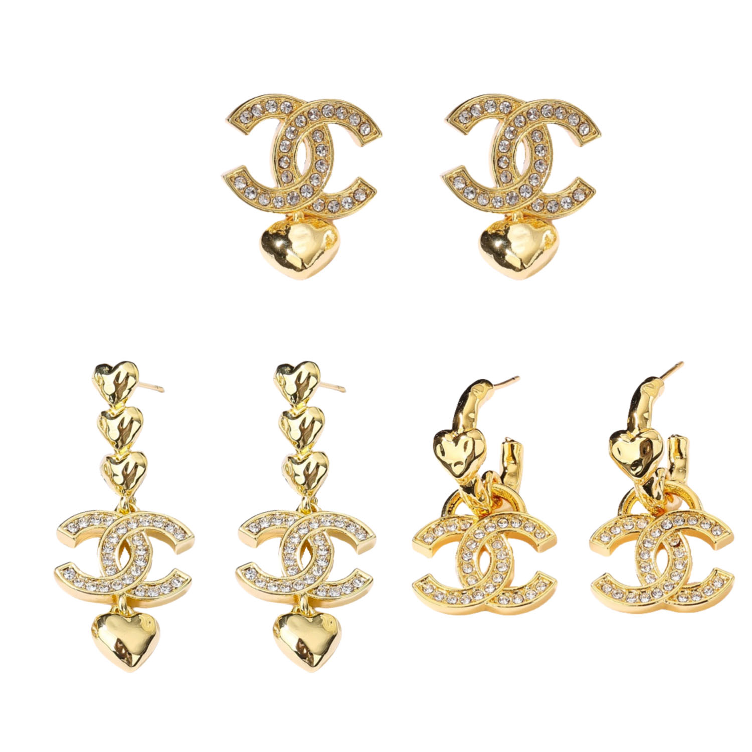 CCE110 Chanel Metal gold heart with crystal cc logo earrings - ccjewelryacc