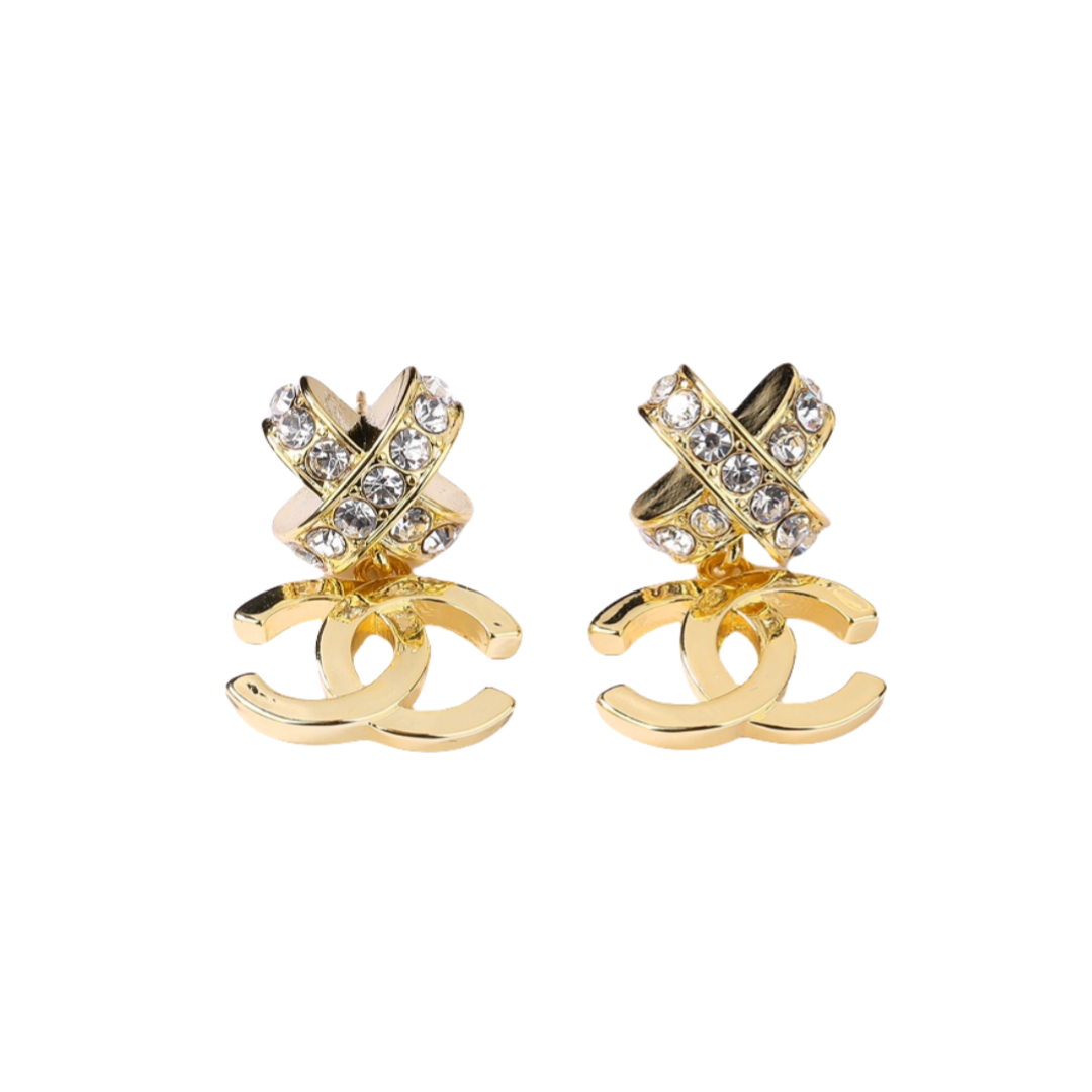 CCE603 Chanel Metal crystal cross element with cc logo stud earring - ccjewelryacc