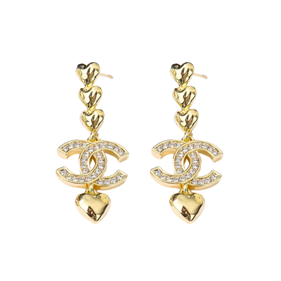 CCE110 Chanel Metal gold heart with crystal cc logo earrings - ccjewelryacc