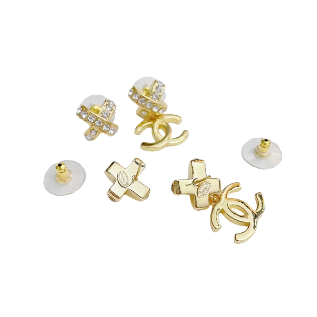CCE603 Chanel Metal crystal cross element with cc logo stud earring - ccjewelryacc