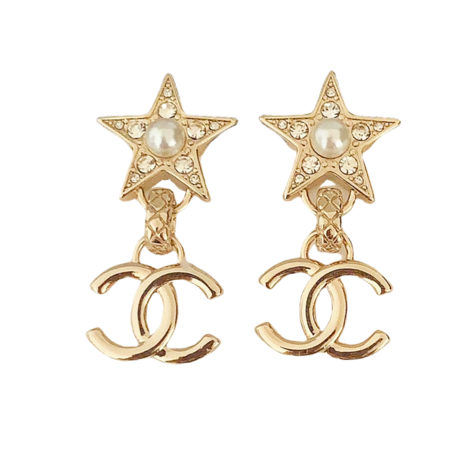 CCE467 Chanel pearl crystal star and cc logo drop earrings - ccfashionjewelry
