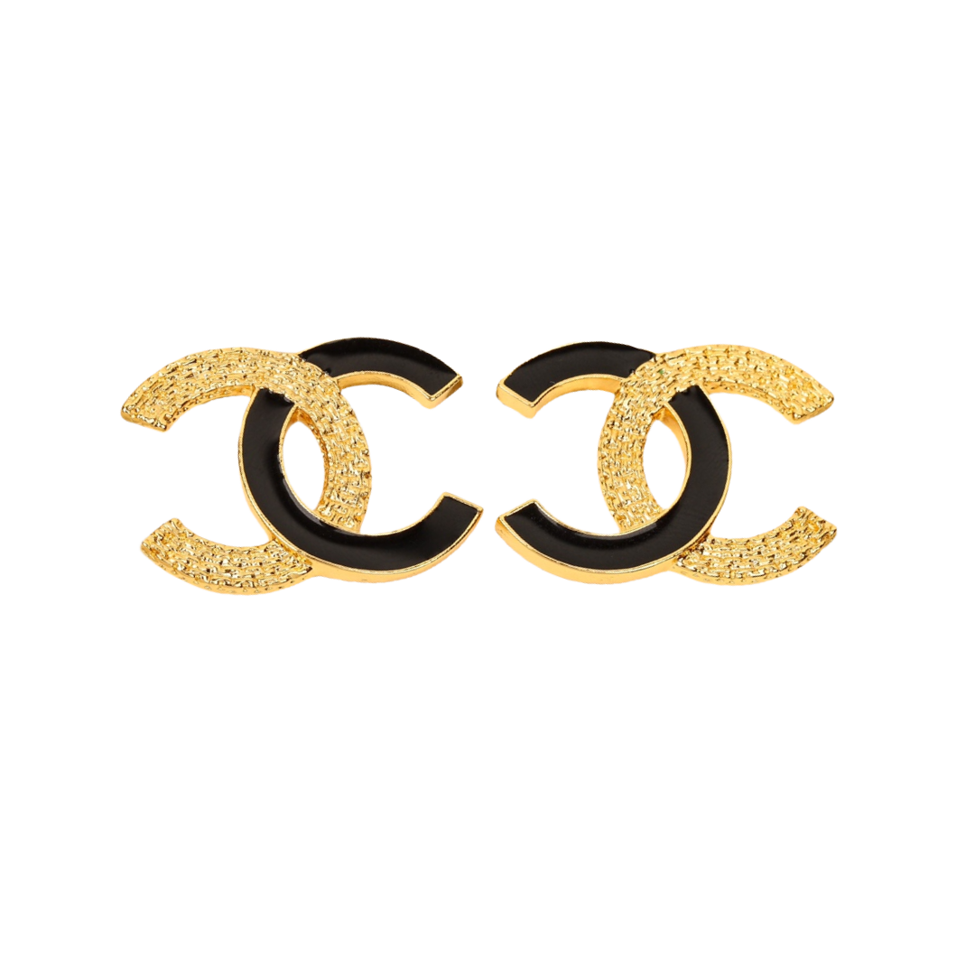 CCE290 Chanel 24p metal gold embossment and black enamel asymmetry CC logo stud Earring - ccjewelryacc