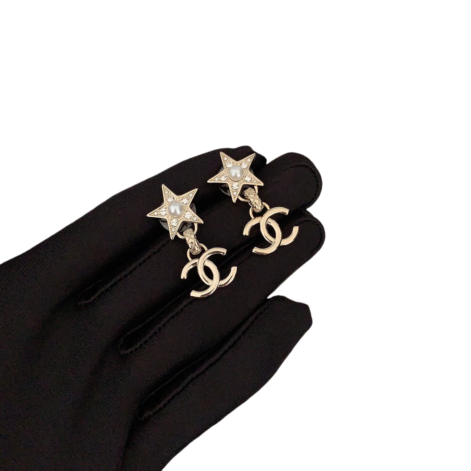 CCE467 Chanel pearl crystal star and cc logo drop earrings - ccfashionjewelry