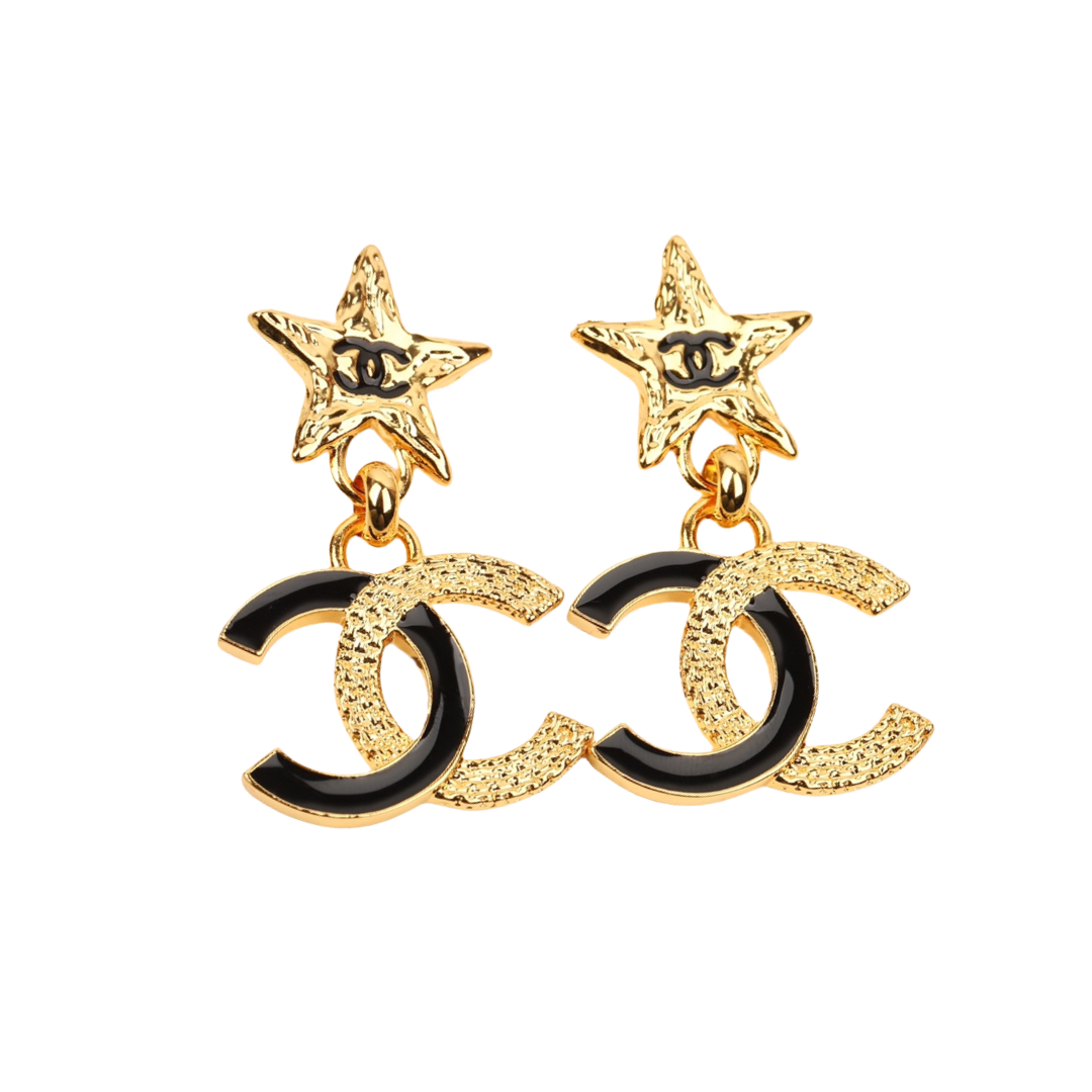 CCE290 Chanel 24p metal gold embossment and black enamel asymmetry CC logo stud Earring - ccjewelryacc