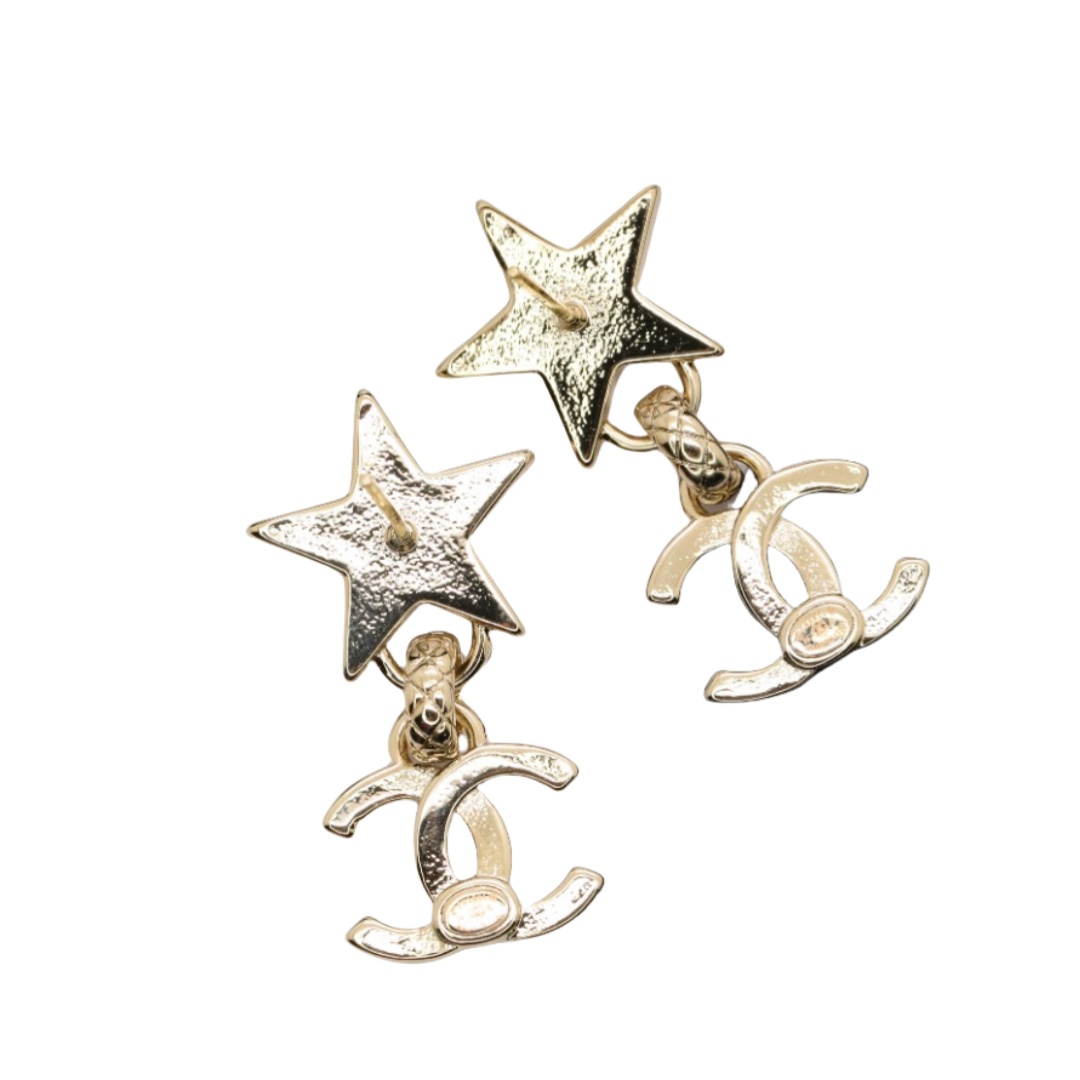CCE467 Chanel pearl crystal star and cc logo drop earrings - ccjewelryacc