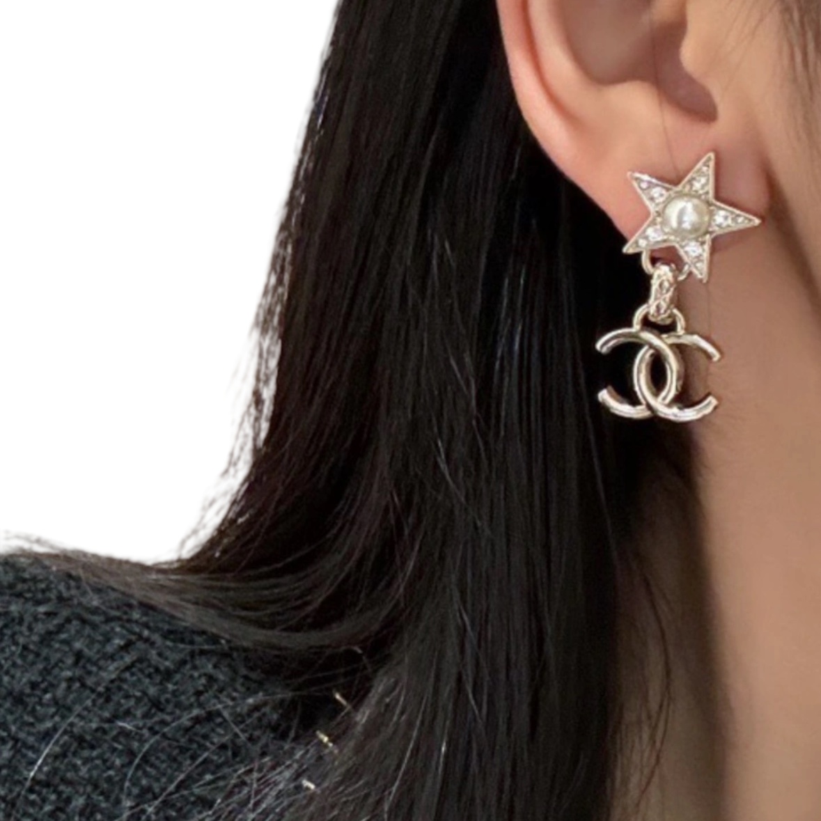 CCE467 Chanel pearl crystal star and cc logo drop earrings - ccjewelryacc