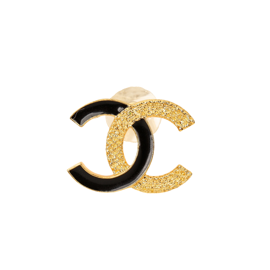 CCE290 Chanel 24p metal gold embossment and black enamel asymmetry CC logo stud Earring - ccjewelryacc