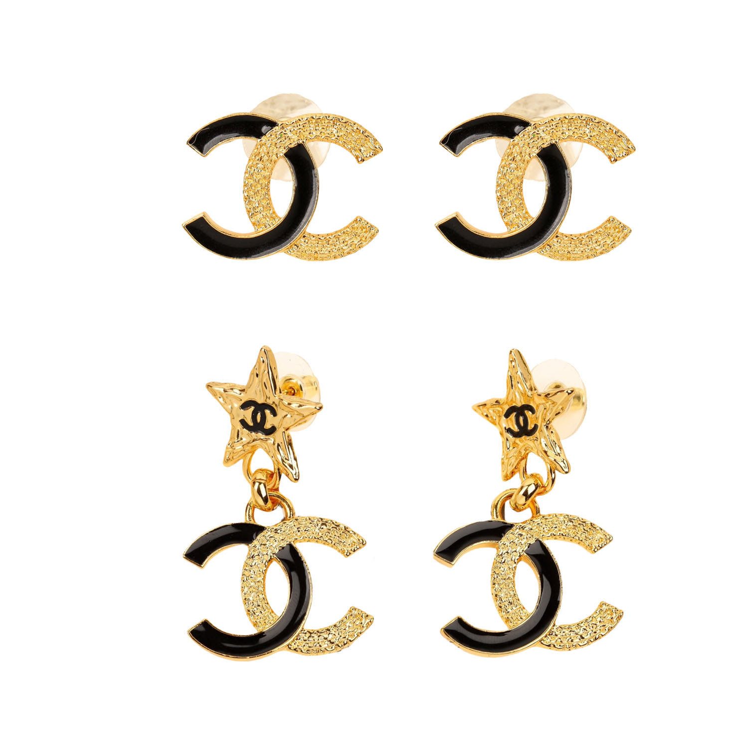 CCE290 Chanel 24p metal gold embossment and black enamel asymmetry CC logo stud Earring - ccfashionjewelry