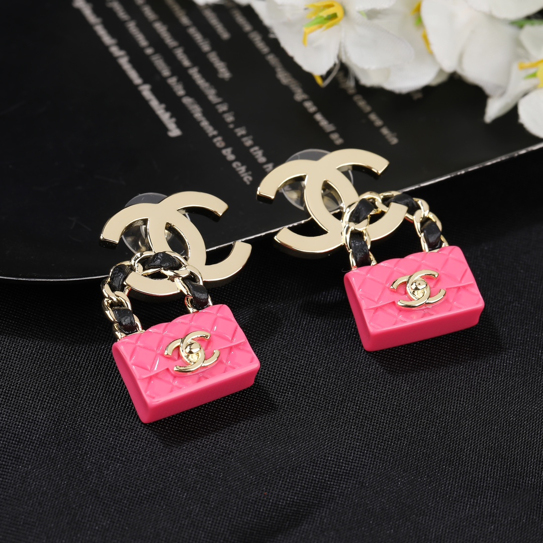 CCE047 Chanel metal cc logo and Pink/black bag stud earring - ccjewelryacc