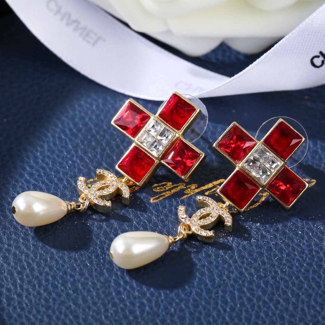CCE050 Chanel Color square crystal cross with pearl drop pendant earrings - ccjewelryacc