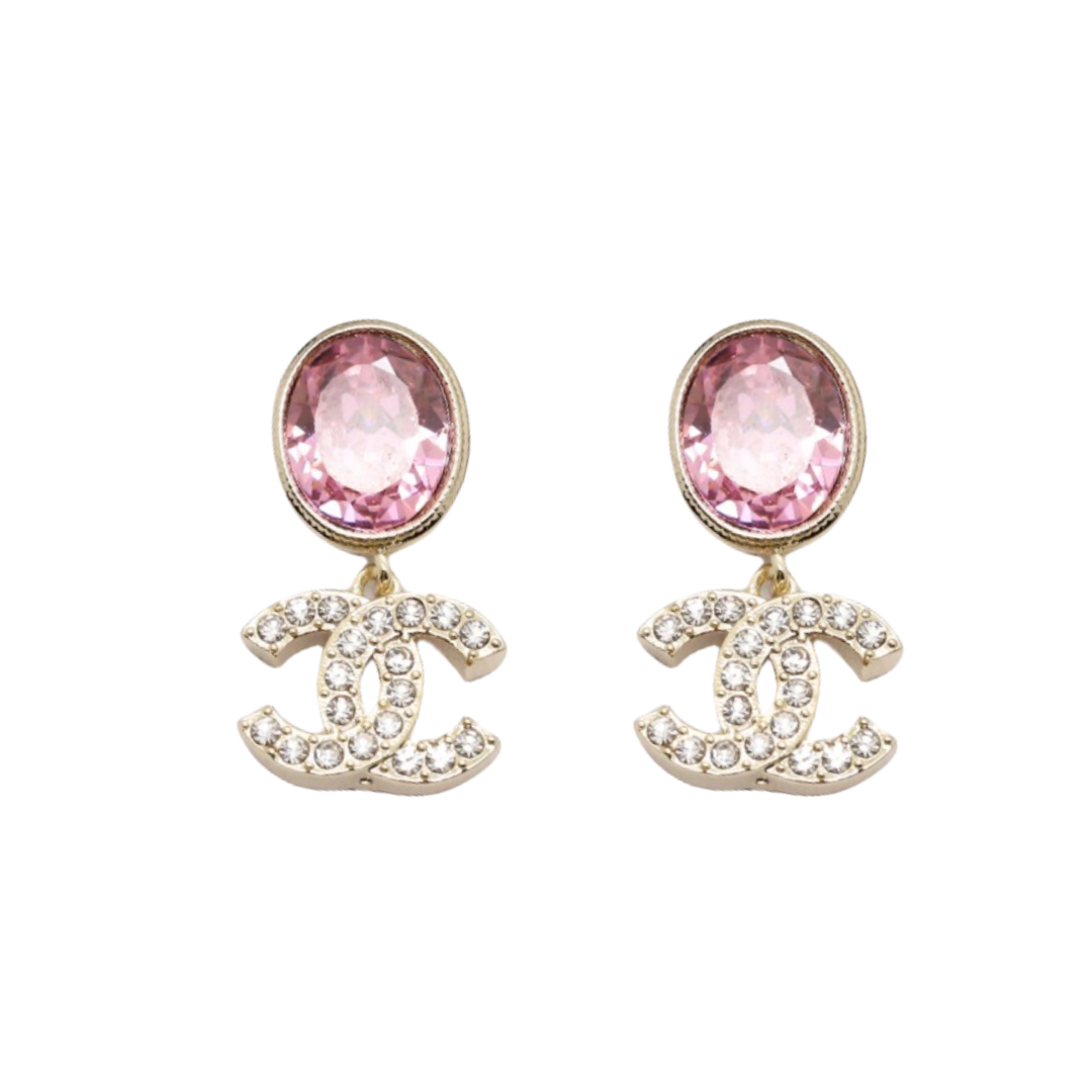 CCE396 Chanel oval pink crystal with cc logo drop earrings - ccjewelryacc