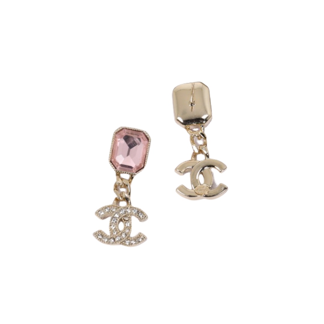 CCE022 Chanel square Pink crystal and white crystal cc logo drop earring - ccjewelryacc