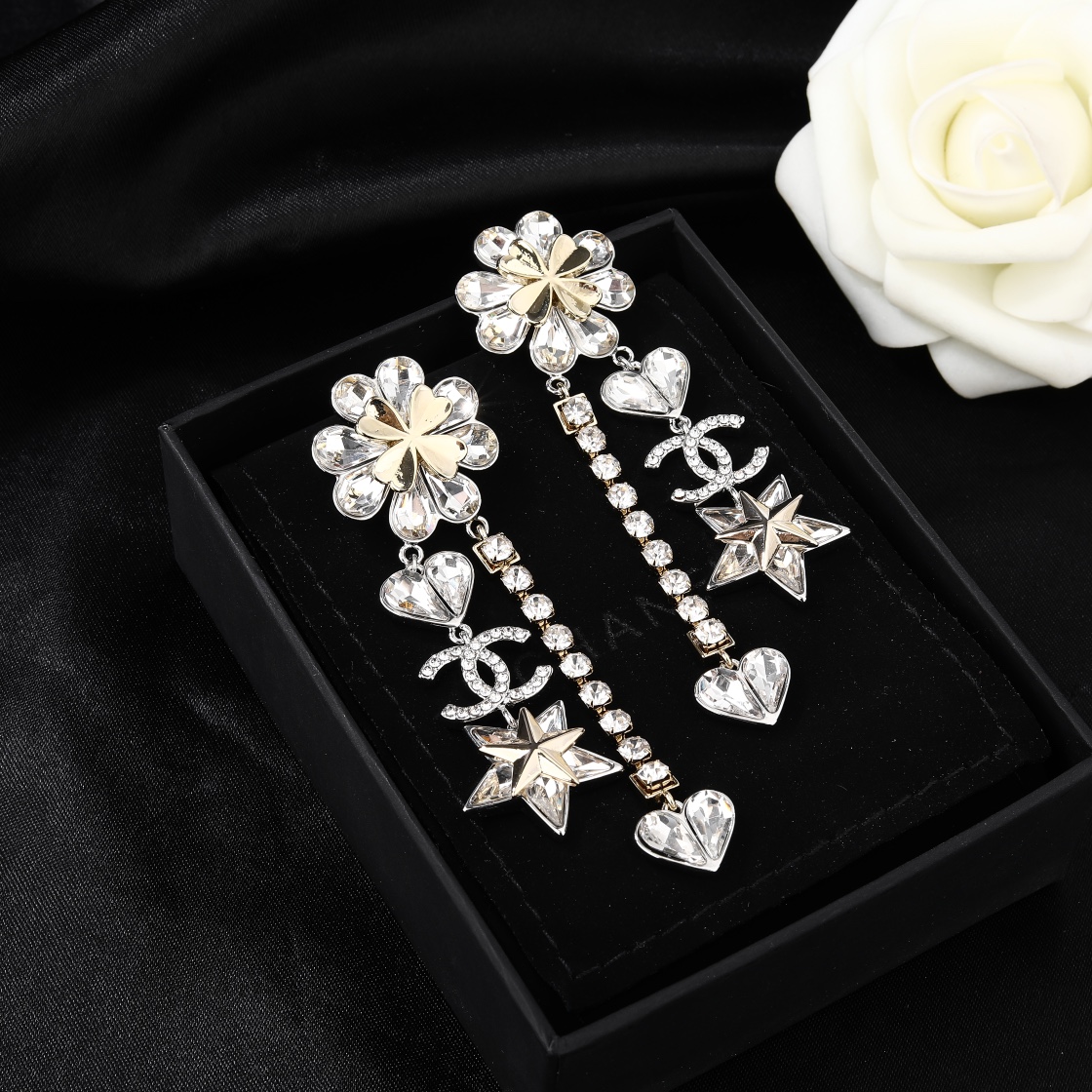 CCE049 Chanel crystal flower with heart star cc logo tassels pendant earrings - ccjewelryacc
