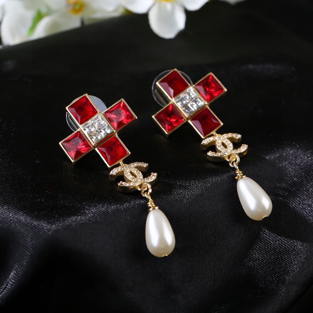 CCE050 Chanel Color square crystal cross with pearl drop pendant earrings - ccjewelryacc
