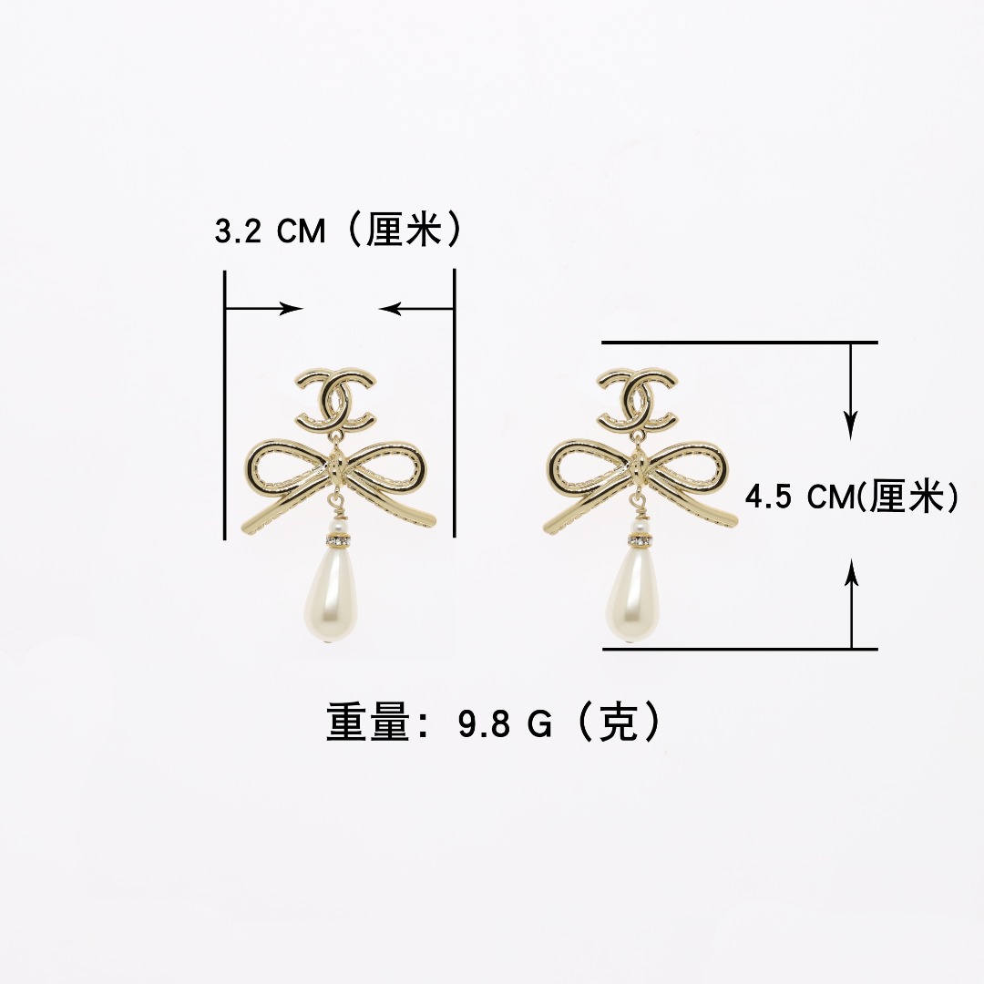 CCE024 Chanel Bow rhinestone drop pearl pendant earrings - ccjewelryacc