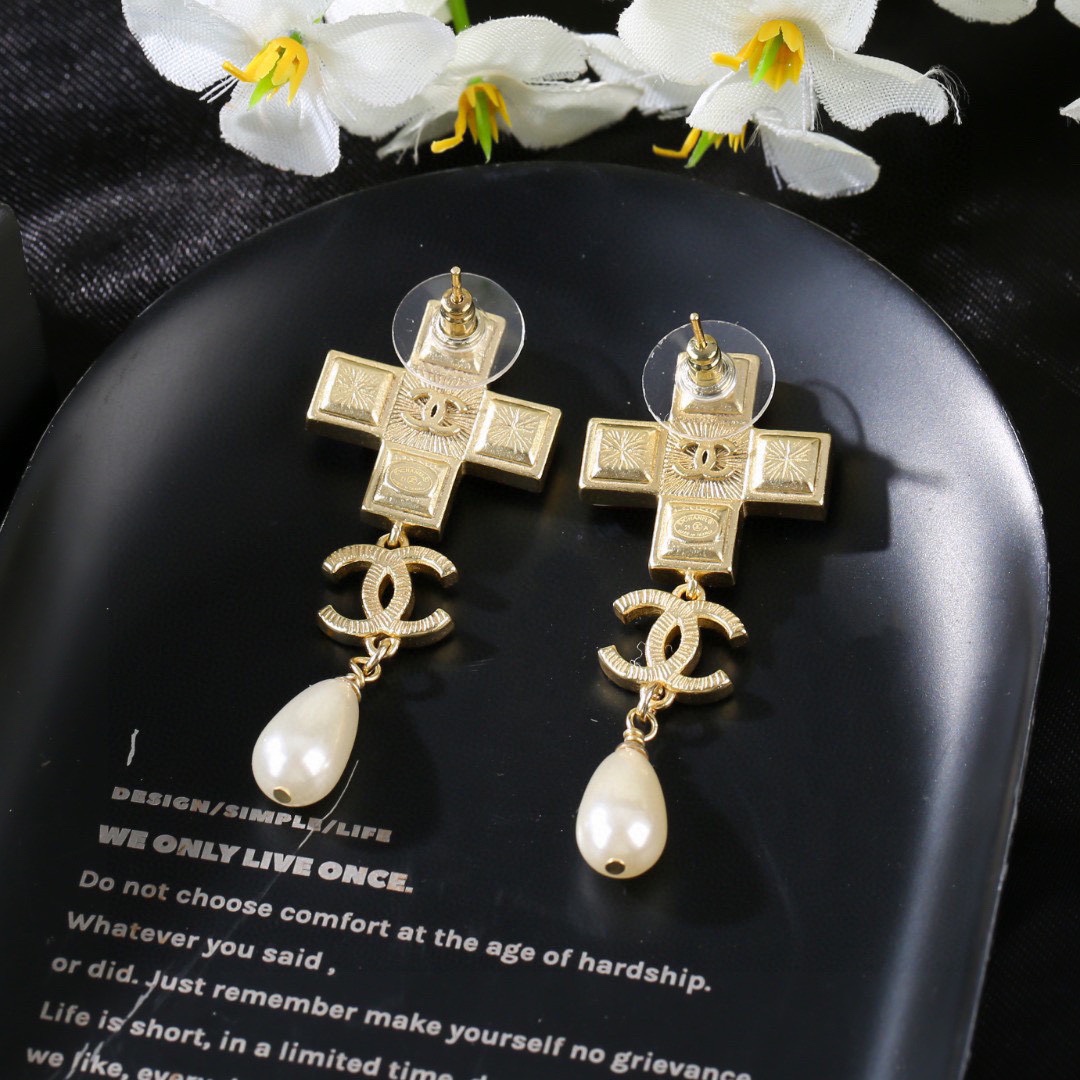 CCE050 Chanel Color square crystal cross with pearl drop pendant earrings - ccjewelryacc