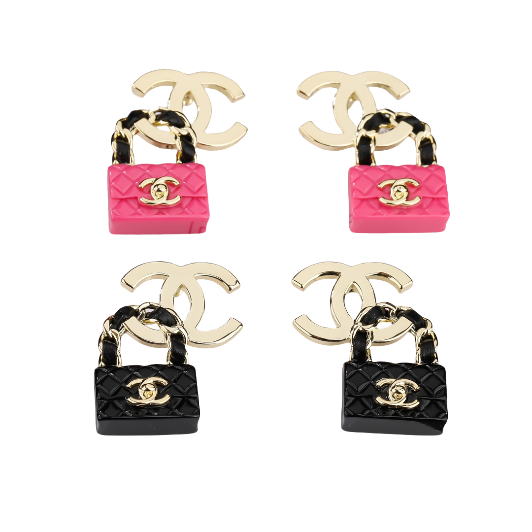 CCE047 Chanel metal cc logo and Pink/black bag stud earring - ccfashionjewelry