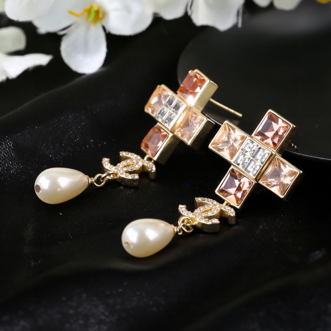 CCE050 Chanel Color square crystal cross with pearl drop pendant earrings - ccjewelryacc