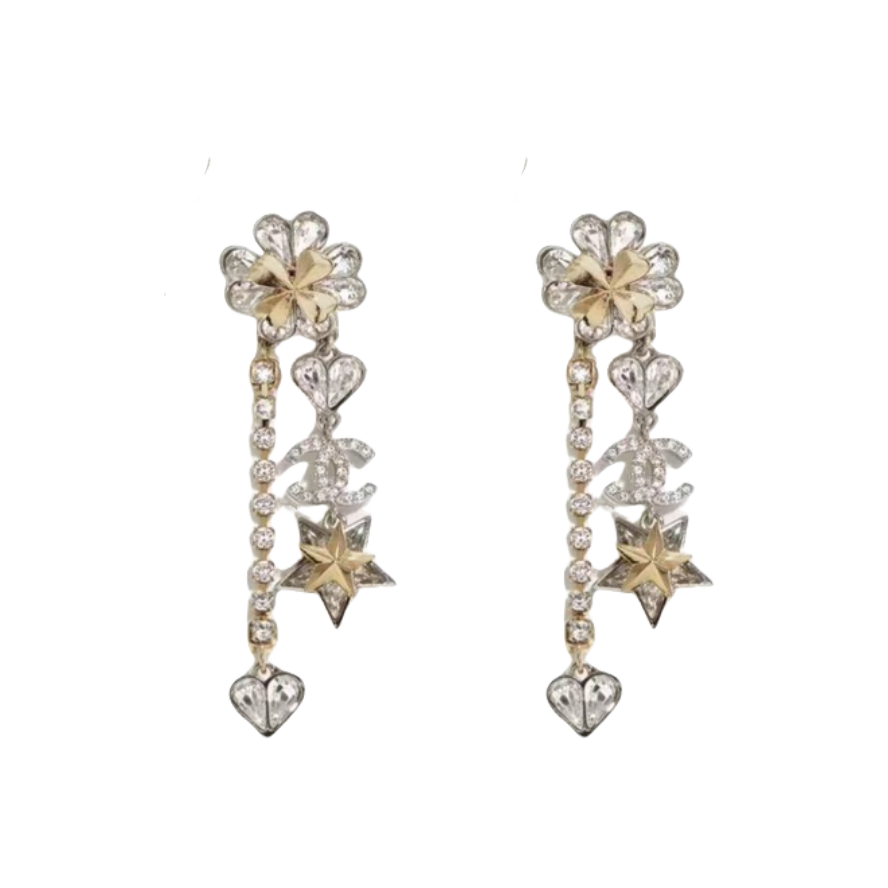 CCE049 Chanel crystal flower with heart star cc logo tassels pendant earrings - ccjewelryacc