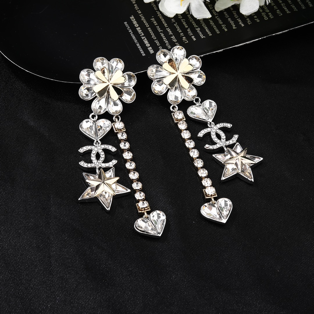 CCE049 Chanel crystal flower with heart star cc logo tassels pendant earrings - ccfashionjewelry