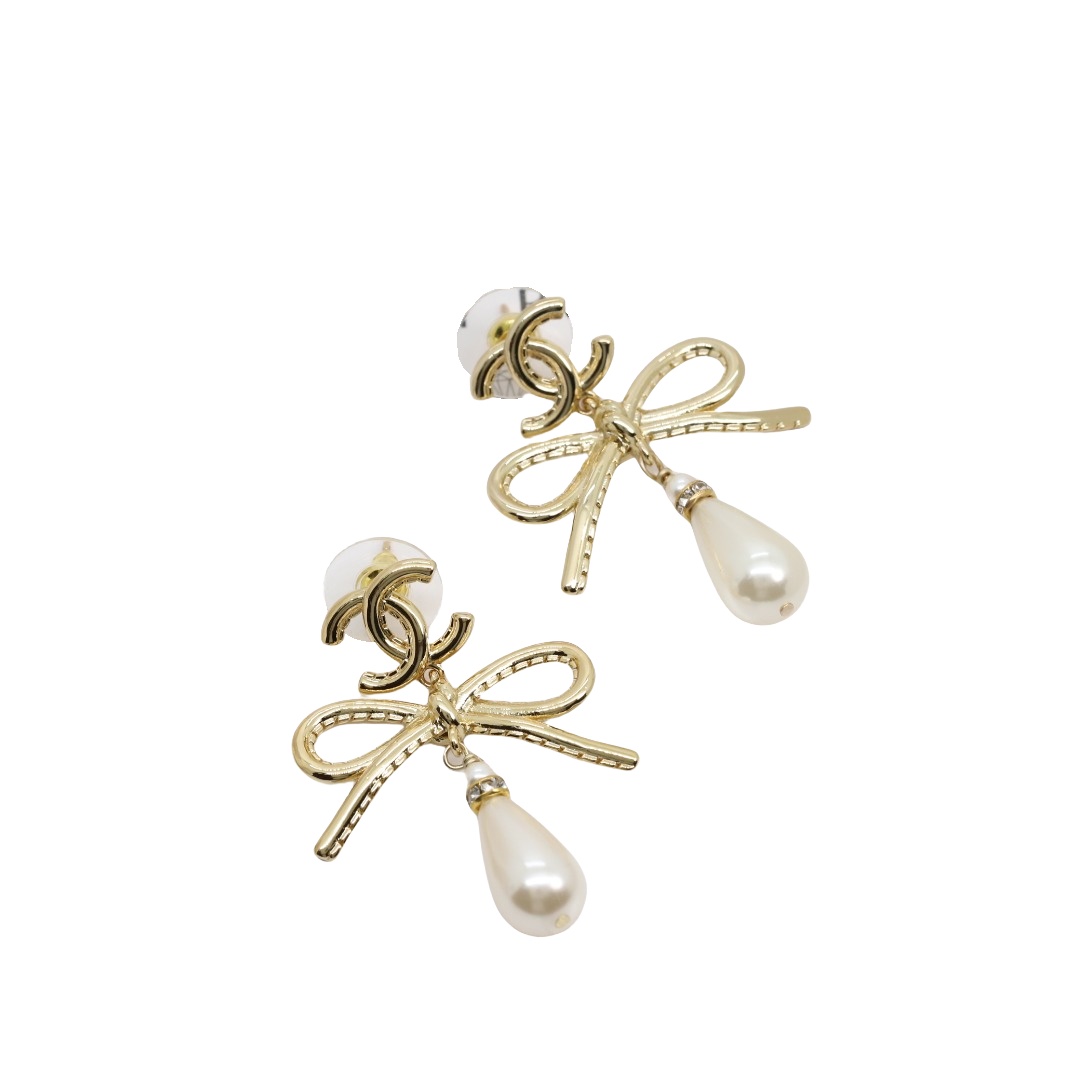 CCE024 Chanel Bow rhinestone drop pearl pendant earrings - ccjewelryacc