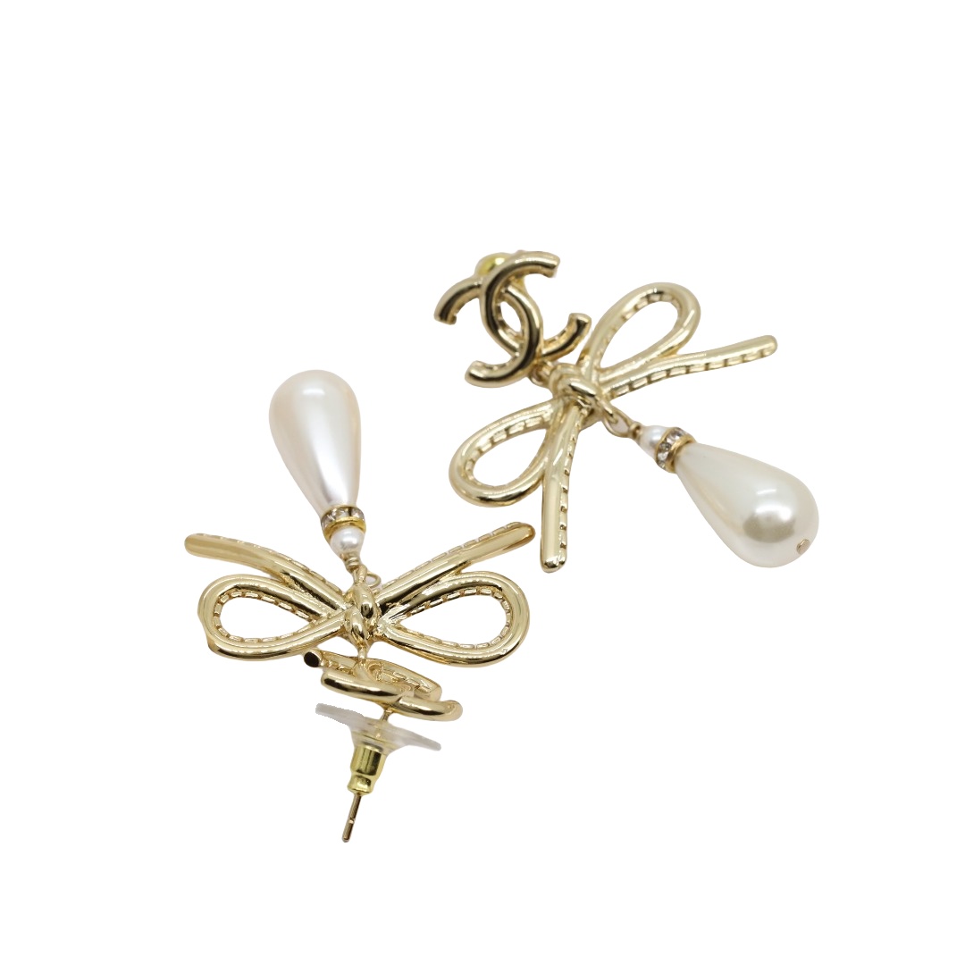 CCE024 Chanel Bow rhinestone drop pearl pendant earrings - ccjewelryacc