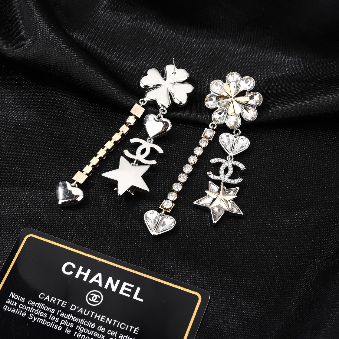 CCE049 Chanel crystal flower with heart star cc logo tassels pendant earrings - ccjewelryacc