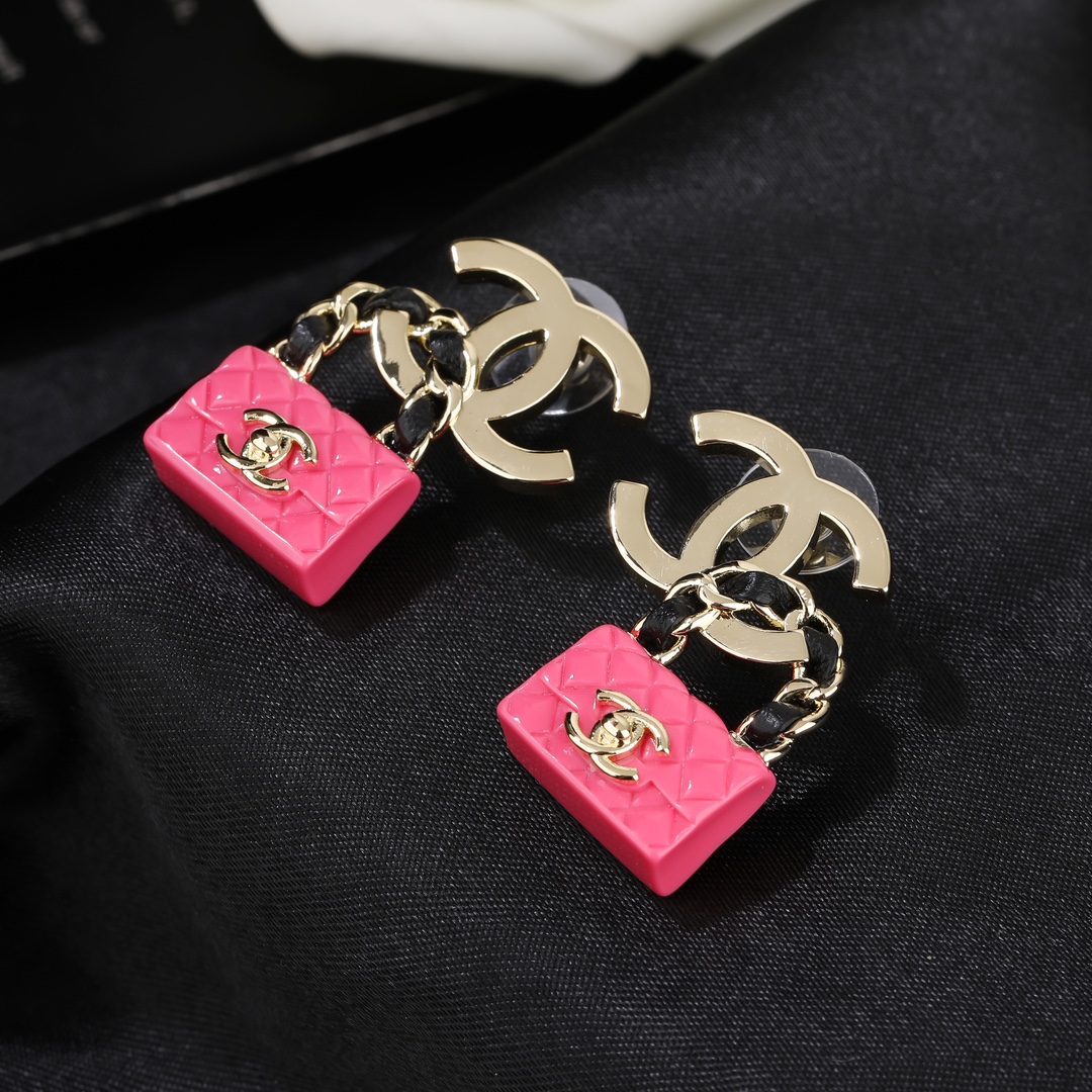 CCE047 Chanel metal cc logo and Pink/black bag stud earring - ccjewelryacc