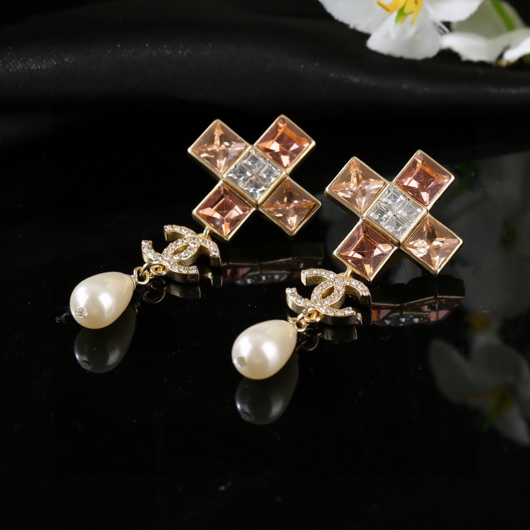 CCE050 Chanel Color square crystal cross with pearl drop pendant earrings - ccjewelryacc