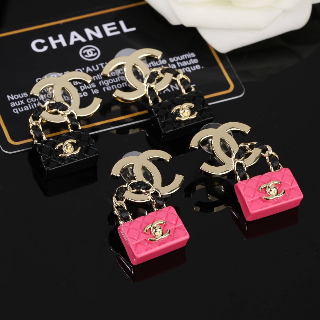 CCE047 Chanel metal cc logo and Pink/black bag stud earring - ccfashionjewelry