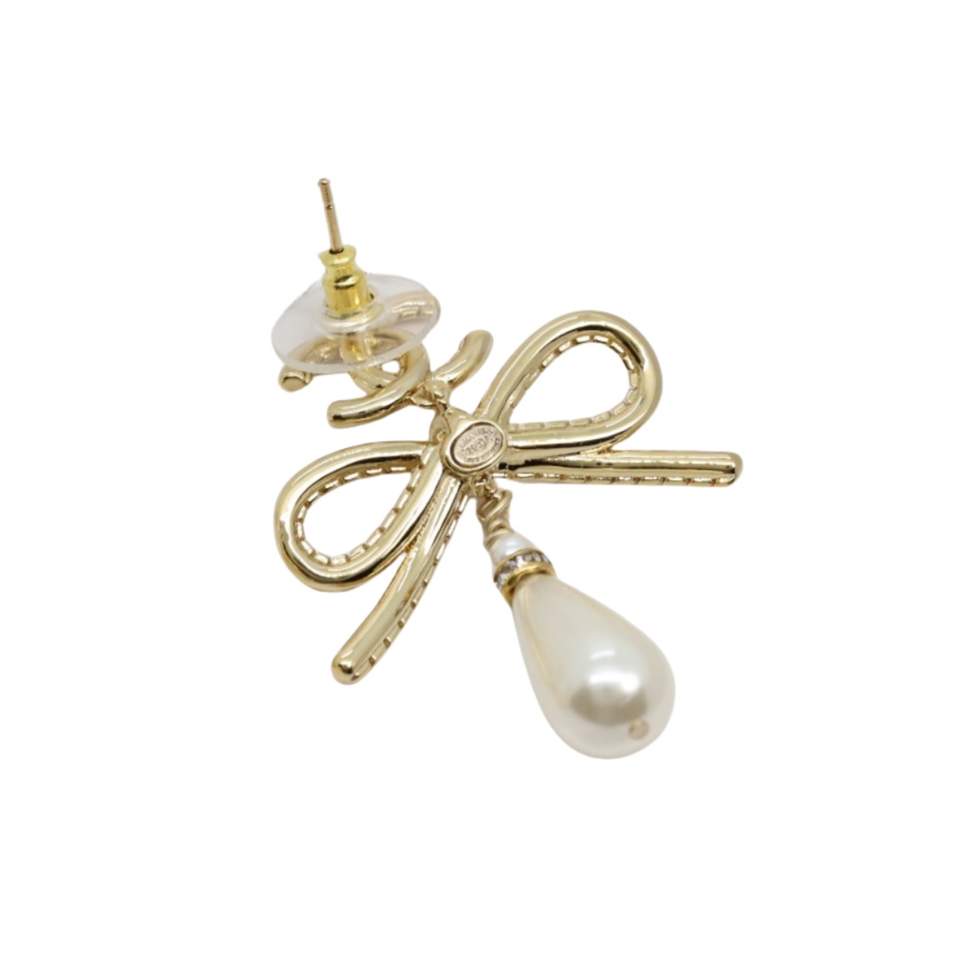 CCE024 Chanel Bow rhinestone drop pearl pendant earrings - ccjewelryacc