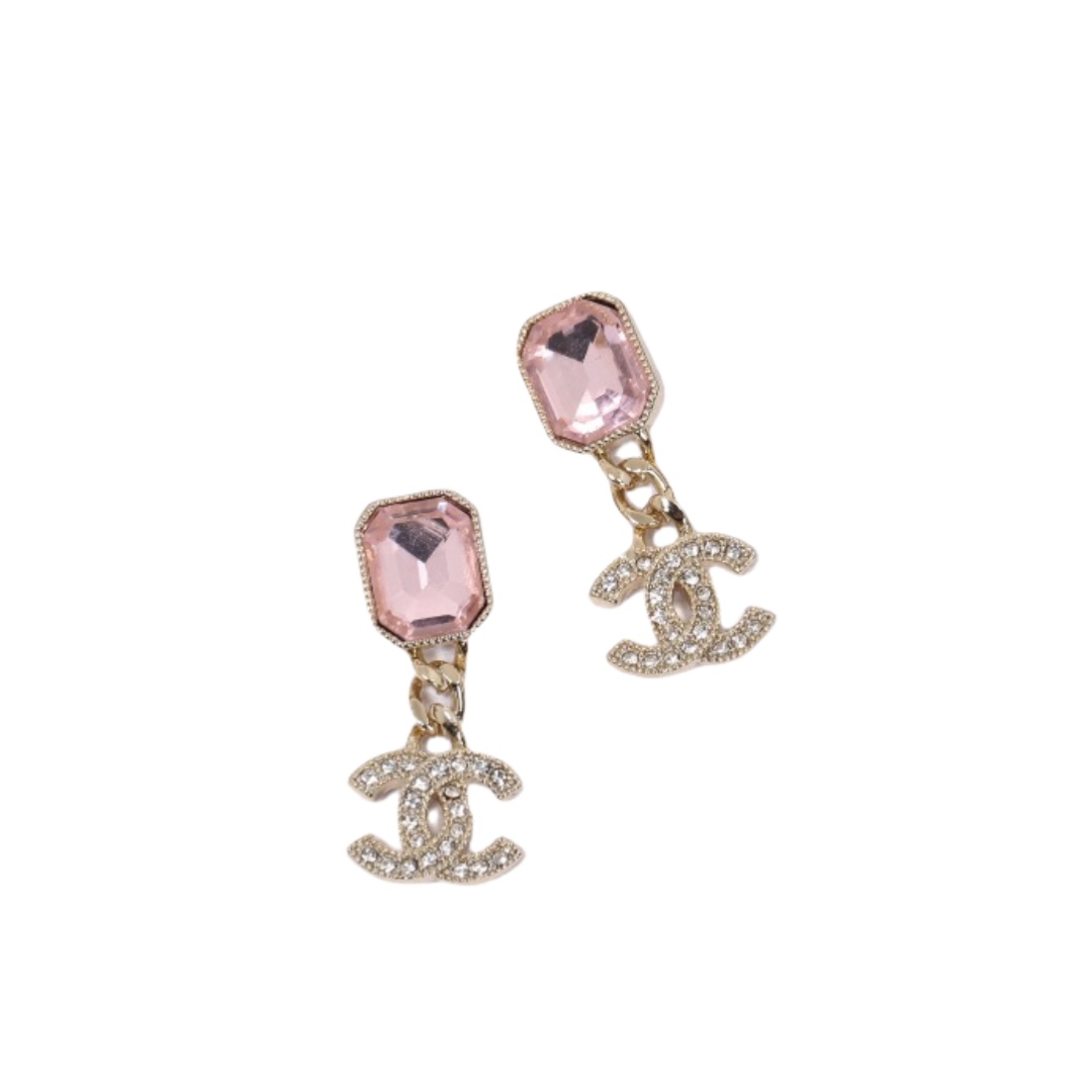 CCE022 Chanel square Pink crystal and white crystal cc logo drop earring - ccfashionjewelry