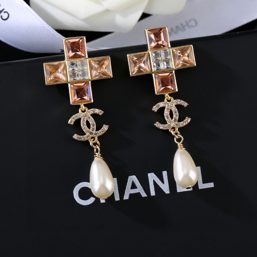CCE050 Chanel Color square crystal cross with pearl drop pendant earrings - ccjewelryacc