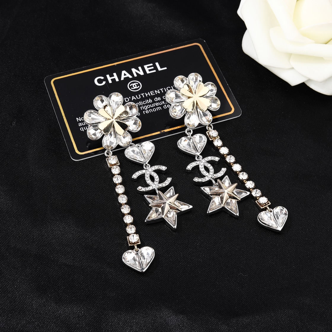 CCE049 Chanel crystal flower with heart star cc logo tassels pendant earrings - ccjewelryacc