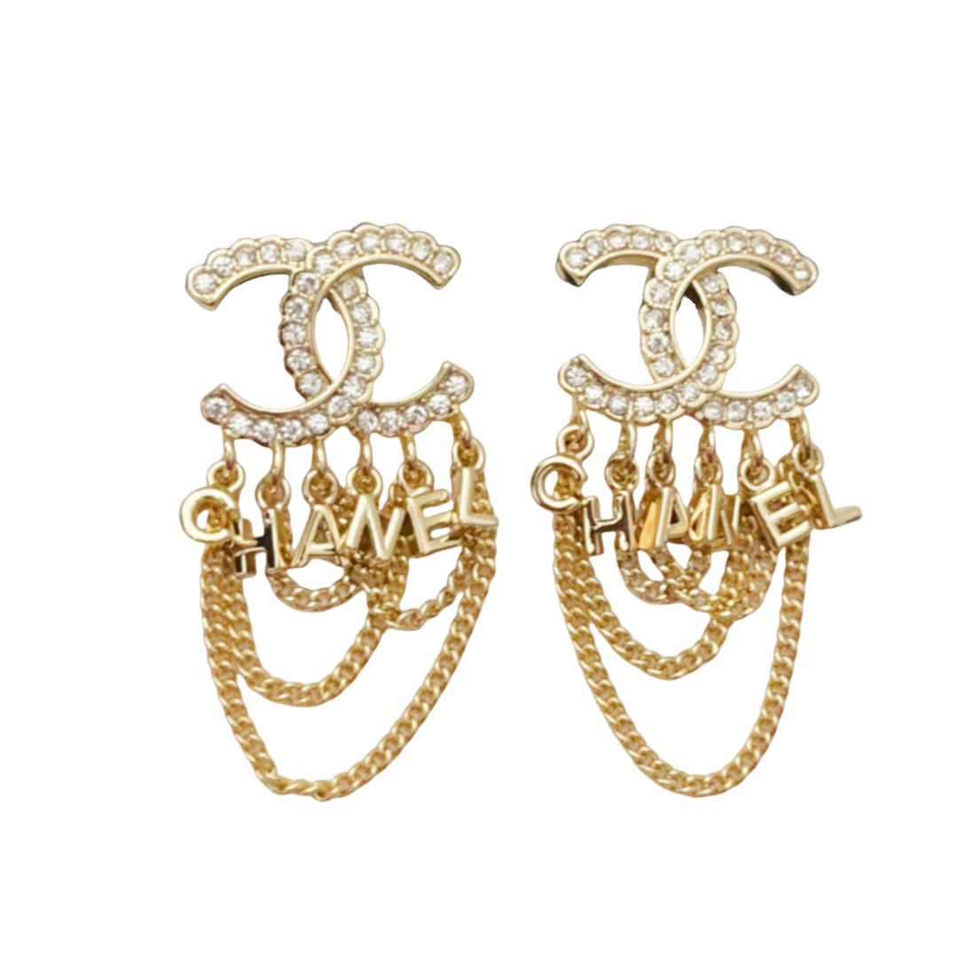 CCE045 Chanel crystal/pearl cc logo with chain tassels earrings - ccfashionjewelry
