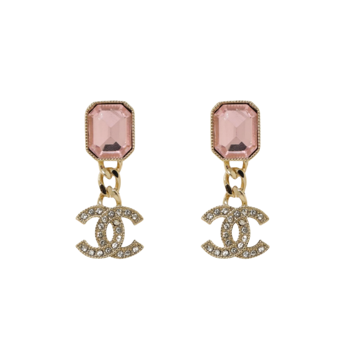 CCE022 Chanel square Pink crystal and white crystal cc logo drop earring - ccfashionjewelry