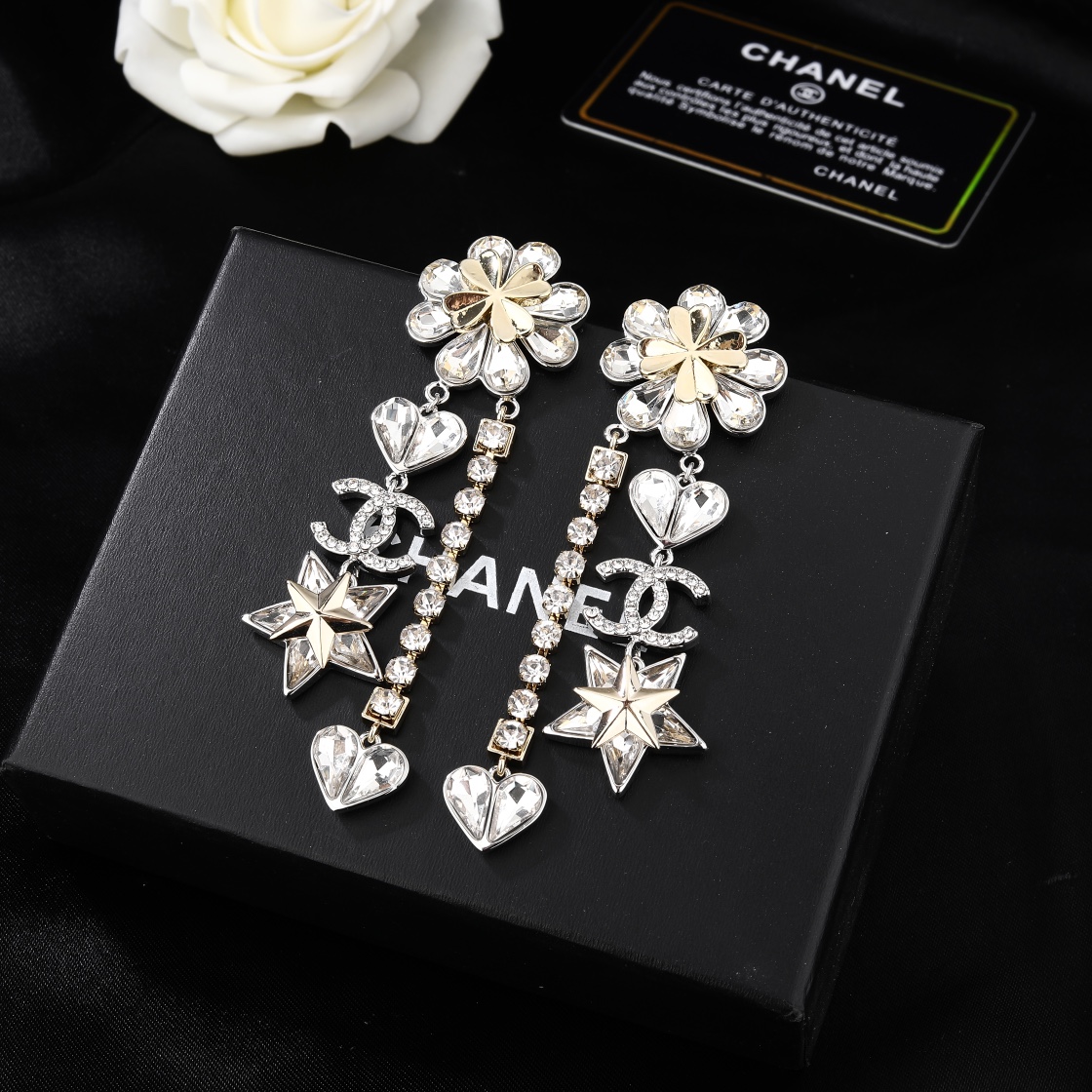 CCE049 Chanel crystal flower with heart star cc logo tassels pendant earrings - ccjewelryacc