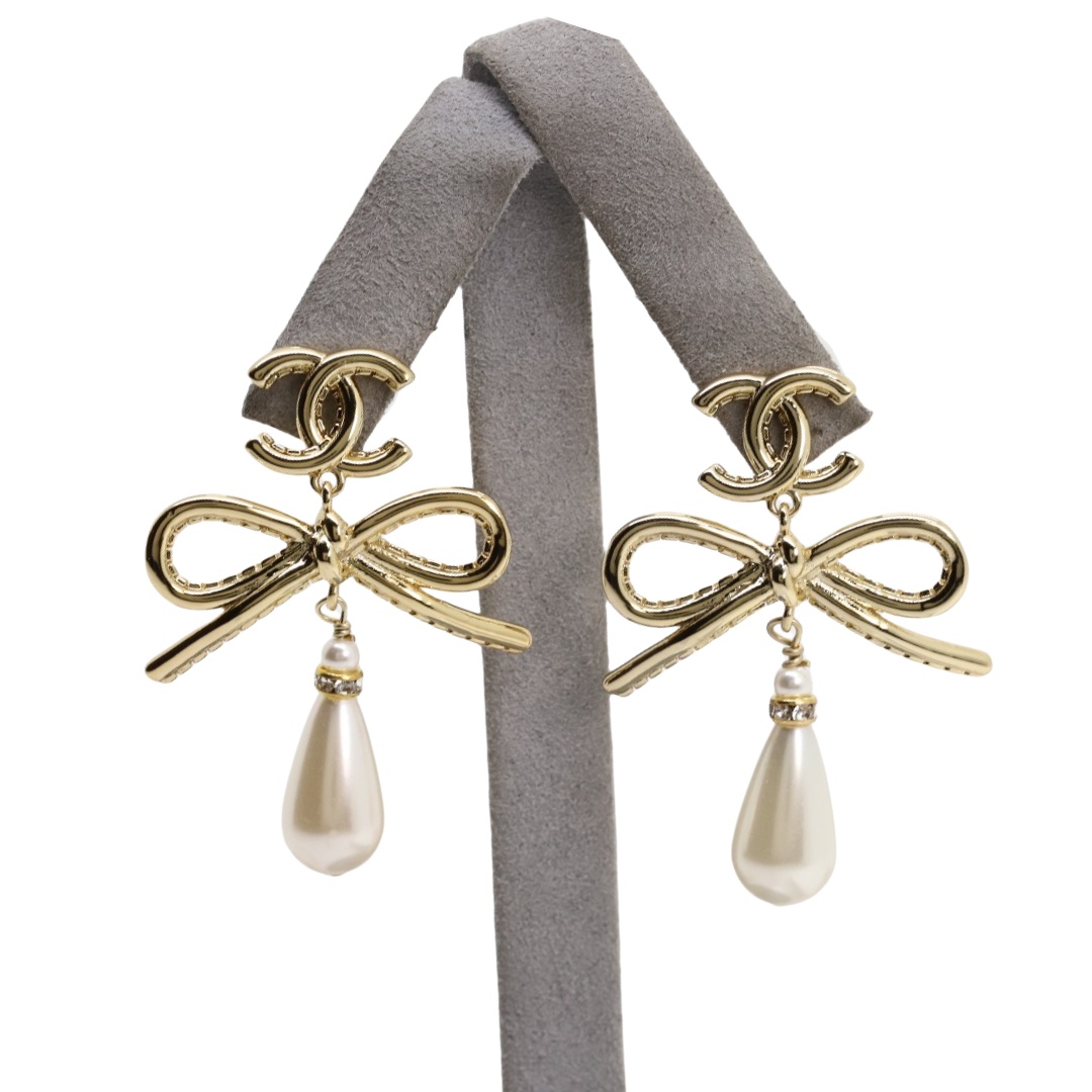 CCE024 Chanel Bow rhinestone drop pearl pendant earrings - ccfashionjewelry