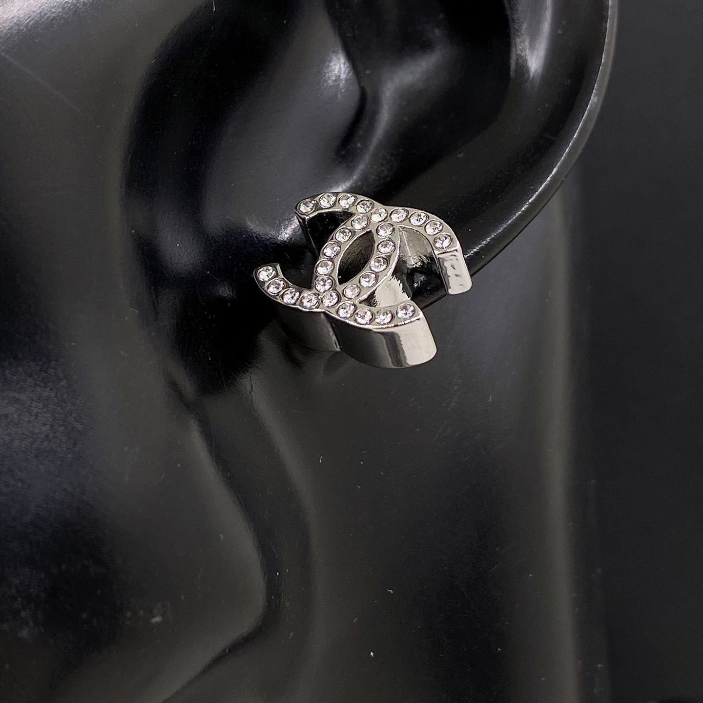 CCE066 Chanel white gold full crystal cc stud earrings - ccjewelryacc