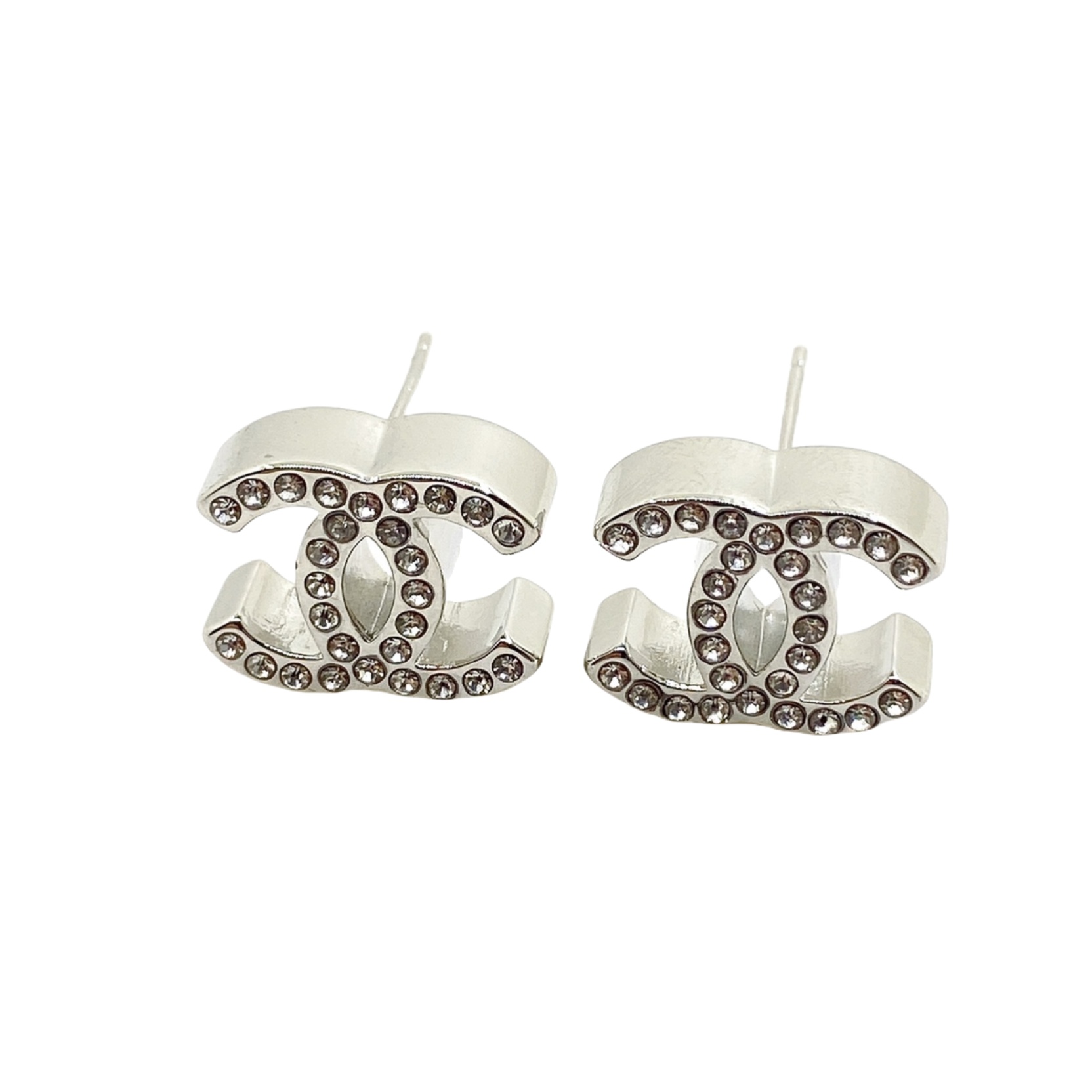CCE066 Chanel white gold full crystal cc stud earrings - ccjewelryacc